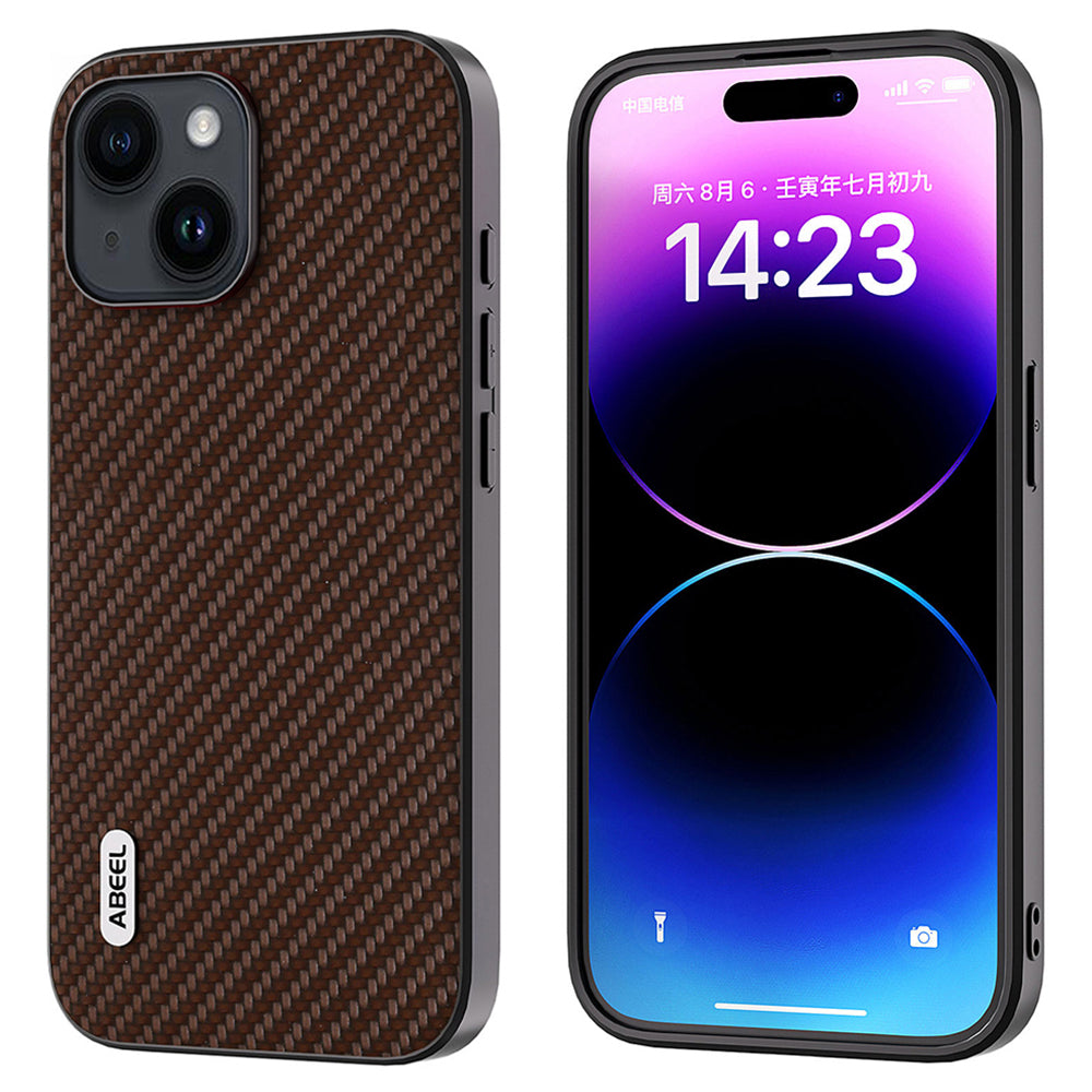 Uniqkart Carbon Fiber Texture Phone Case for iPhone 15 , PU Leather Coated PC+TPU Phone Cover - Brown