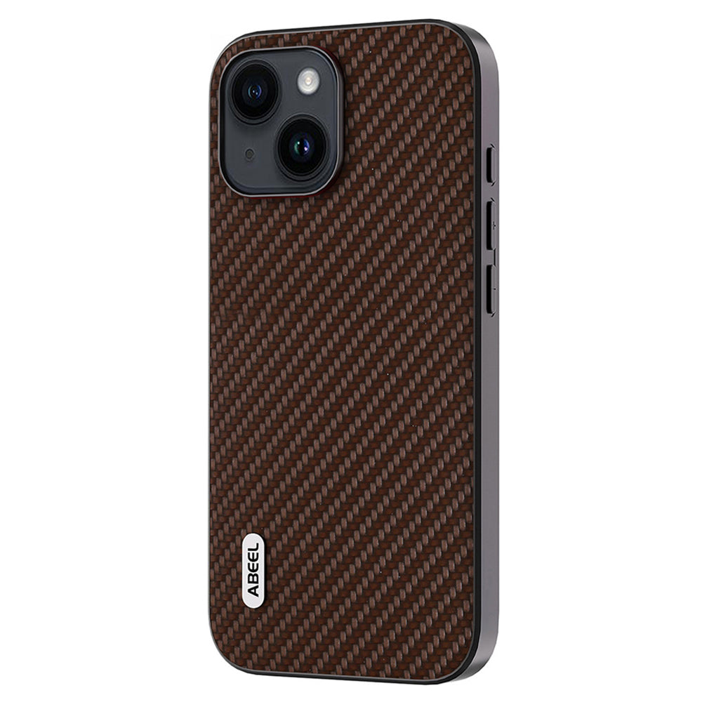 Uniqkart Carbon Fiber Texture Phone Case for iPhone 15 , PU Leather Coated PC+TPU Phone Cover - Brown