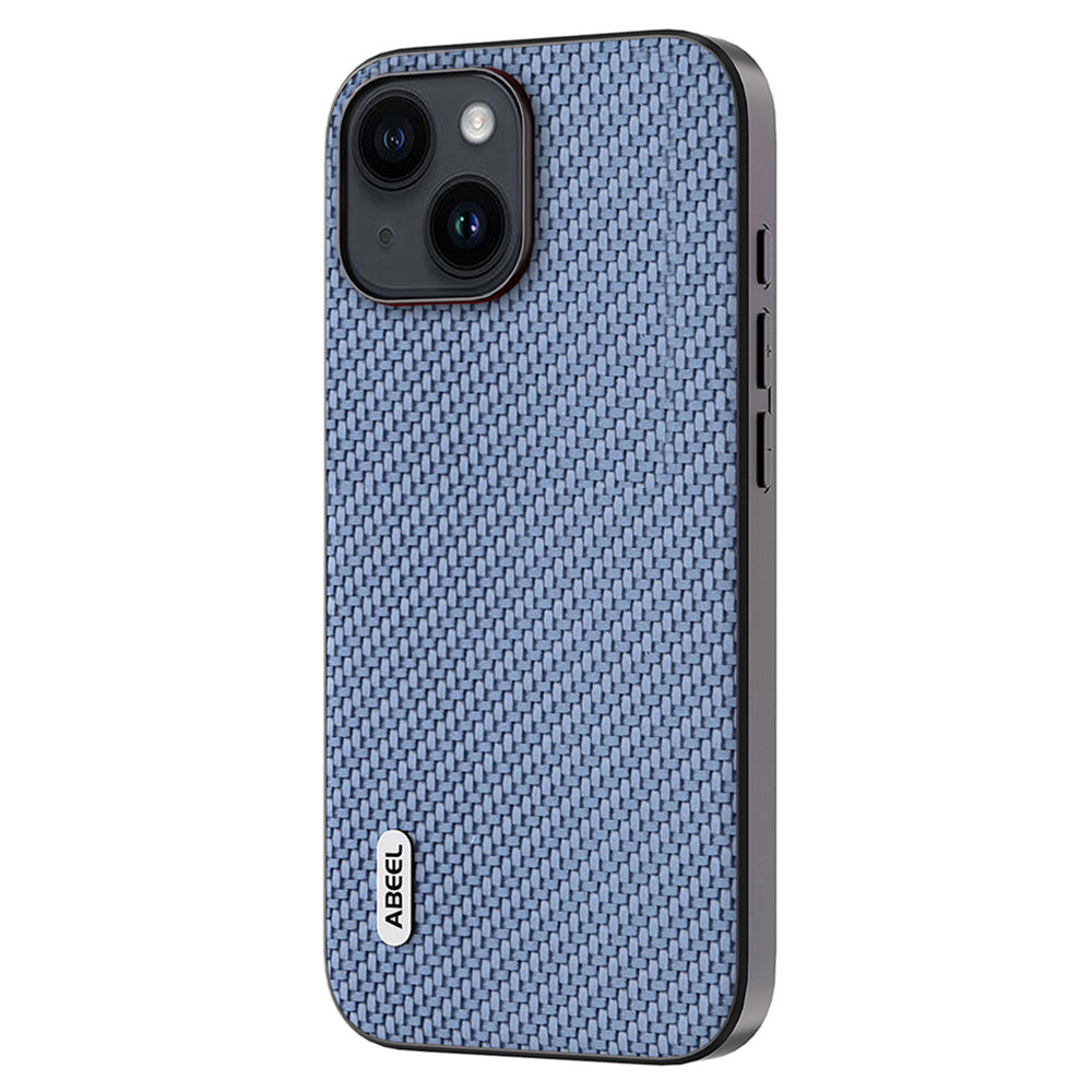 Uniqkart Carbon Fiber Texture Phone Case for iPhone 15 , PU Leather Coated PC+TPU Phone Cover - Baby Blue
