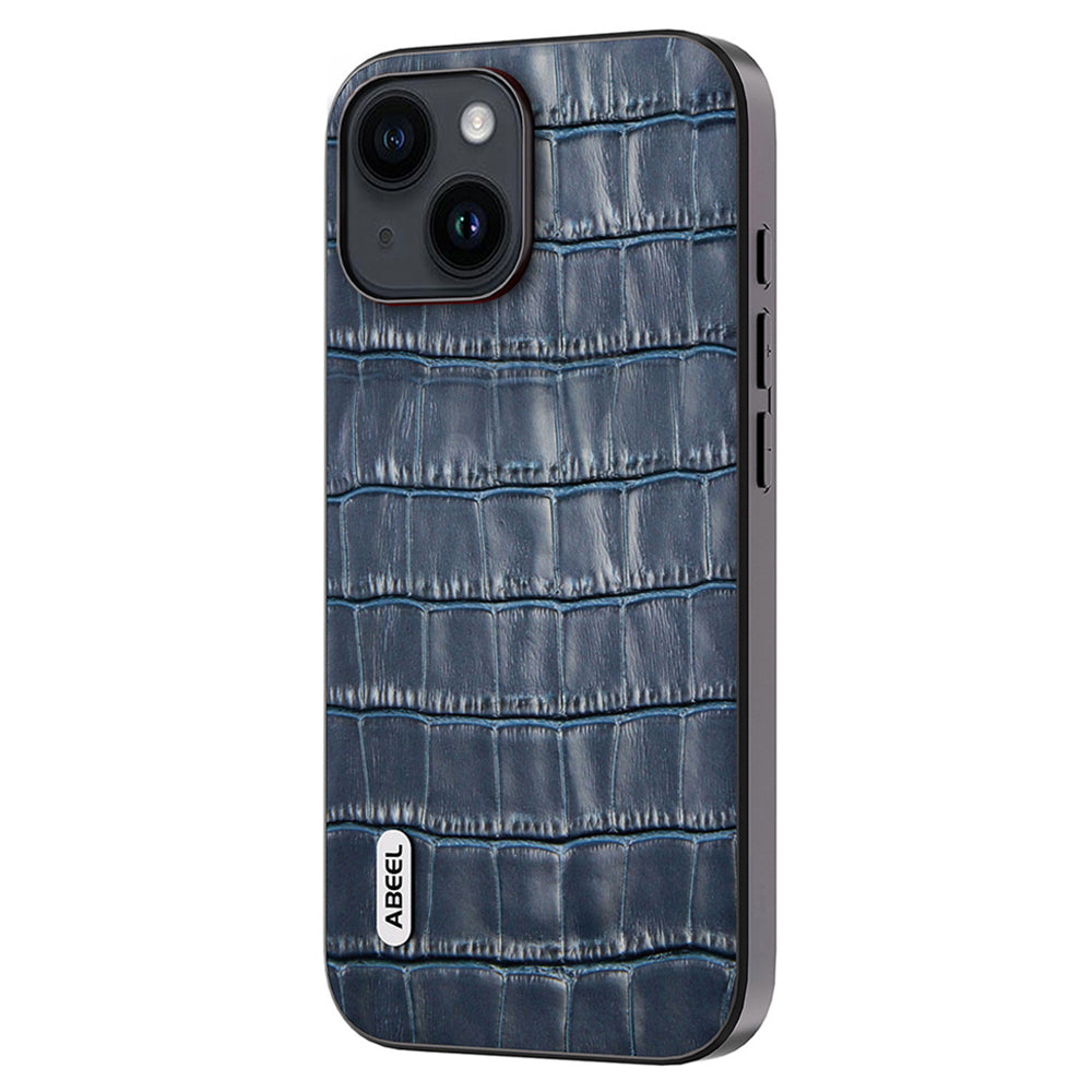 Anti-scratch Phone Case for iPhone 15 , Crocodile Texture Cowhide Leather Coated TPU + PC Cover - Blue