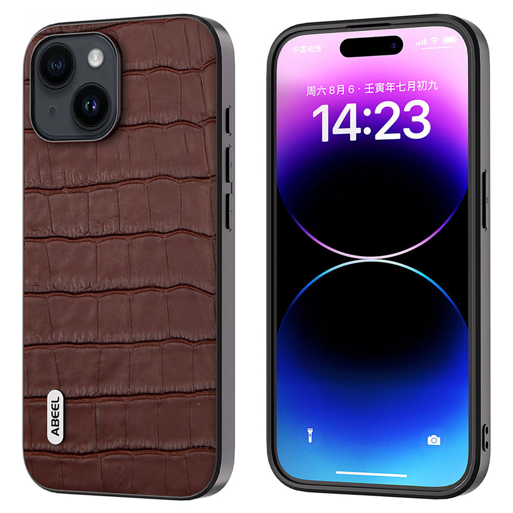 Anti-scratch Phone Case for iPhone 15 , Crocodile Texture Cowhide Leather Coated TPU + PC Cover - Brown