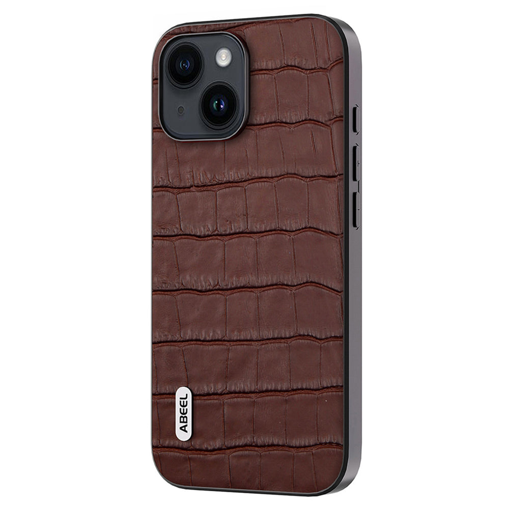 Anti-scratch Phone Case for iPhone 15 , Crocodile Texture Cowhide Leather Coated TPU + PC Cover - Brown