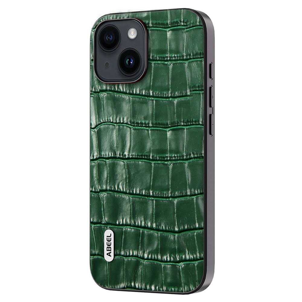 Anti-scratch Phone Case for iPhone 15 , Crocodile Texture Cowhide Leather Coated TPU + PC Cover - Green