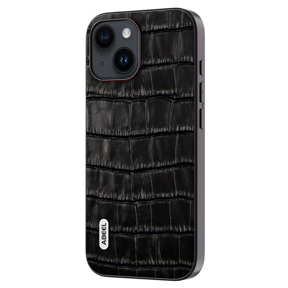 Anti-scratch Phone Case for iPhone 15 , Crocodile Texture Cowhide Leather Coated TPU + PC Cover - Black