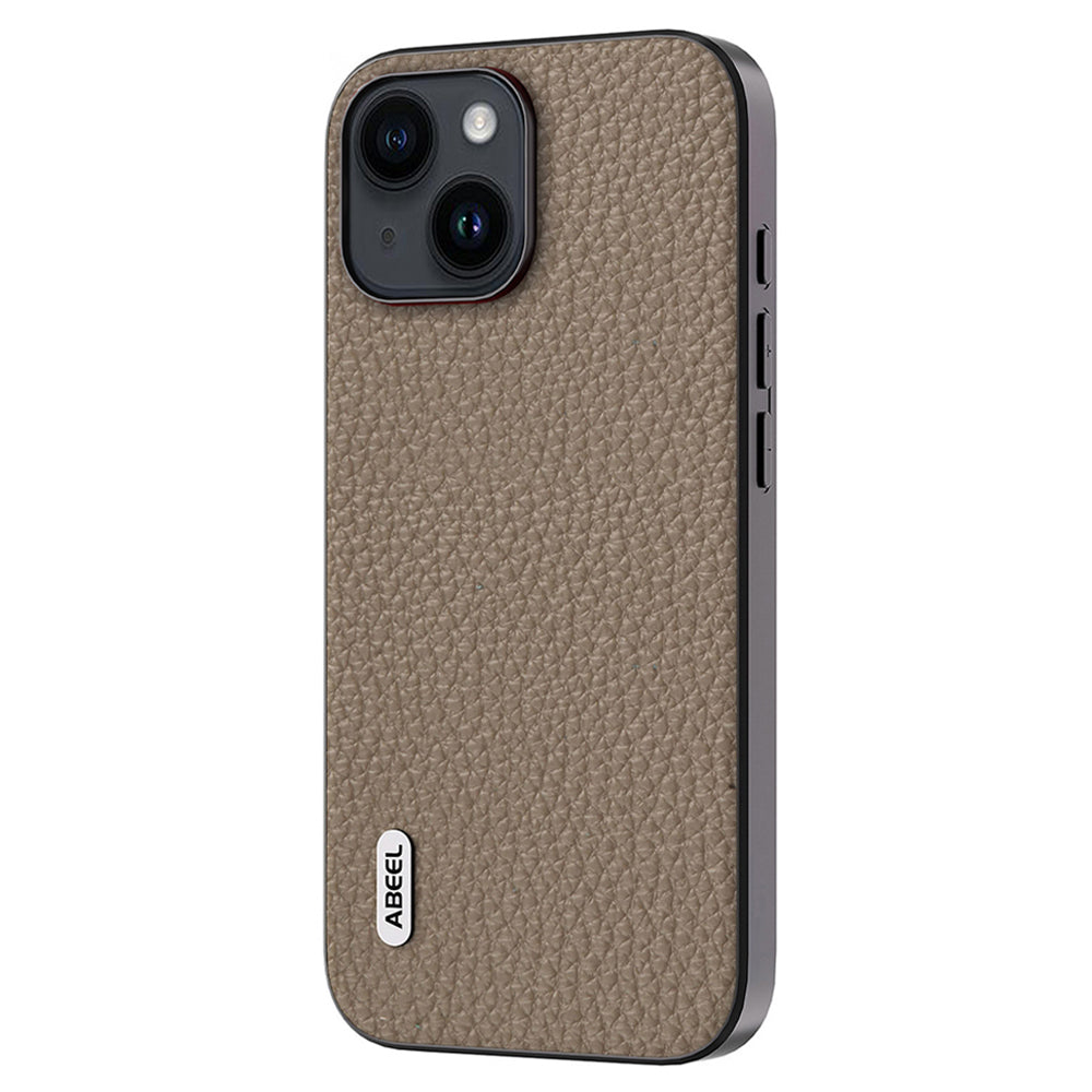 Slim Phone Case for iPhone 15 Cowhide Leather + PC + TPU Litchi Texture Protective Cover - Khaki