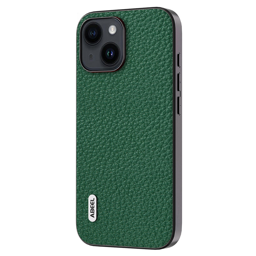 Slim Phone Case for iPhone 15 Cowhide Leather + PC + TPU Litchi Texture Protective Cover - Green
