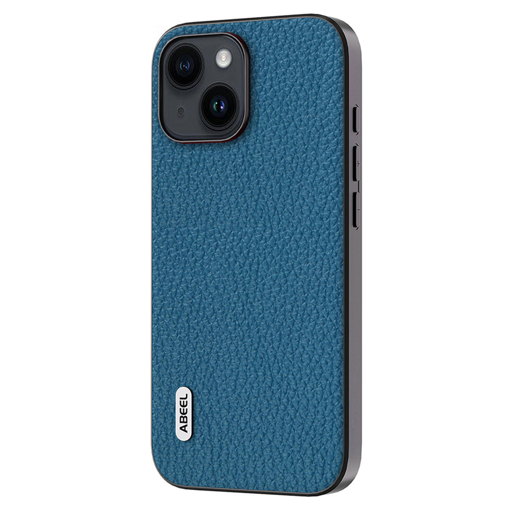 Slim Phone Case for iPhone 15 Cowhide Leather + PC + TPU Litchi Texture Protective Cover - Blue