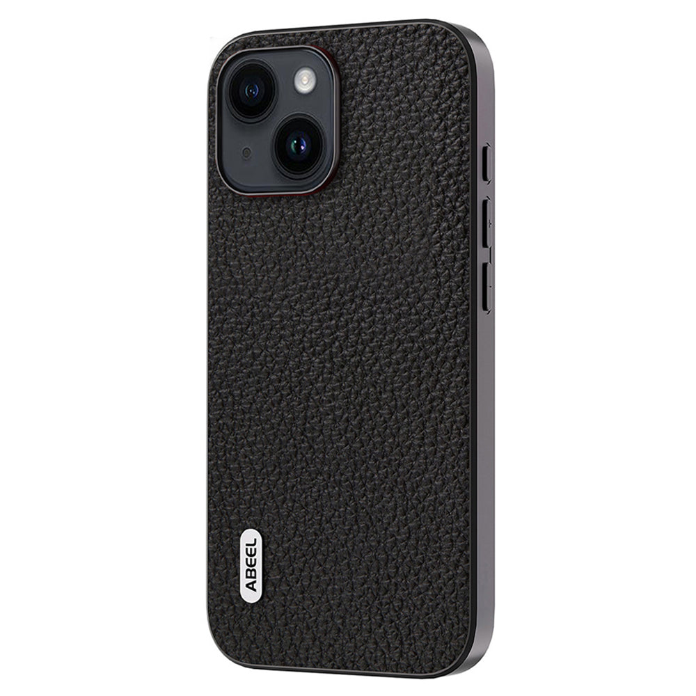Slim Phone Case for iPhone 15 Cowhide Leather + PC + TPU Litchi Texture Protective Cover - Black