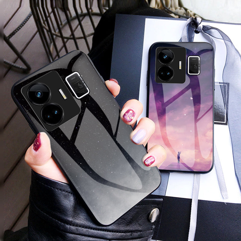 Uniqkart for Realme GT Neo 5 5G Starry Sky Pattern Phone Case PC+TPU+Tempered Glass Anti-drop Cover - Starry Crescent Moon