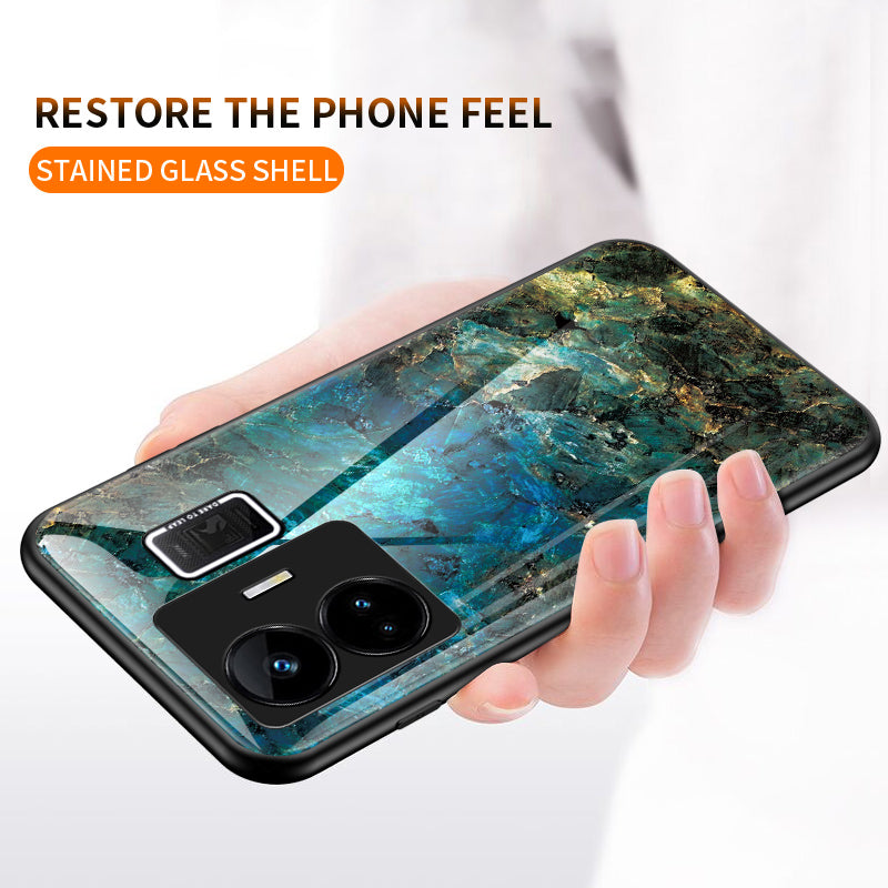 Uniqkart for Realme GT Neo 5 5G Tempered Glass+PC+TPU Back Cover Marble Pattern Phone Case - Emerald Marble
