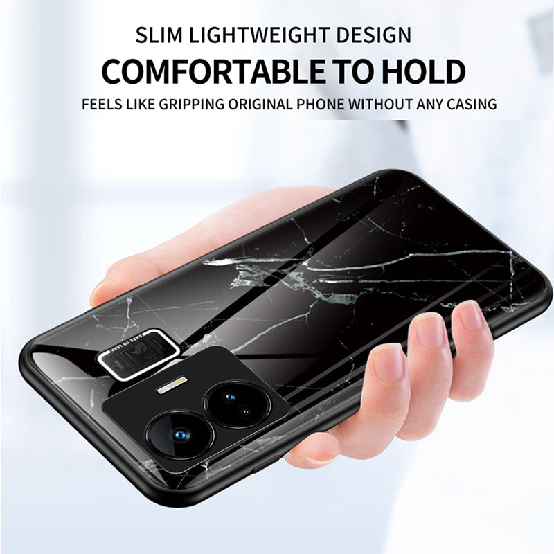 Uniqkart for Realme GT Neo 5 5G Tempered Glass+PC+TPU Back Cover Marble Pattern Phone Case - Black Marble