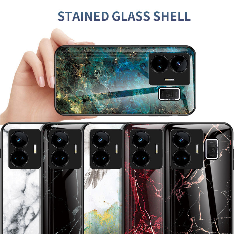 Uniqkart for Realme GT Neo 5 5G Tempered Glass+PC+TPU Back Cover Marble Pattern Phone Case - White Marble