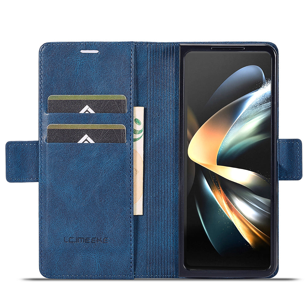 Uniqkart For Samsung Galaxy Z Fold5 5G RFID Blocking Phone Case Wallet PU Leather Stand Cover - Blue