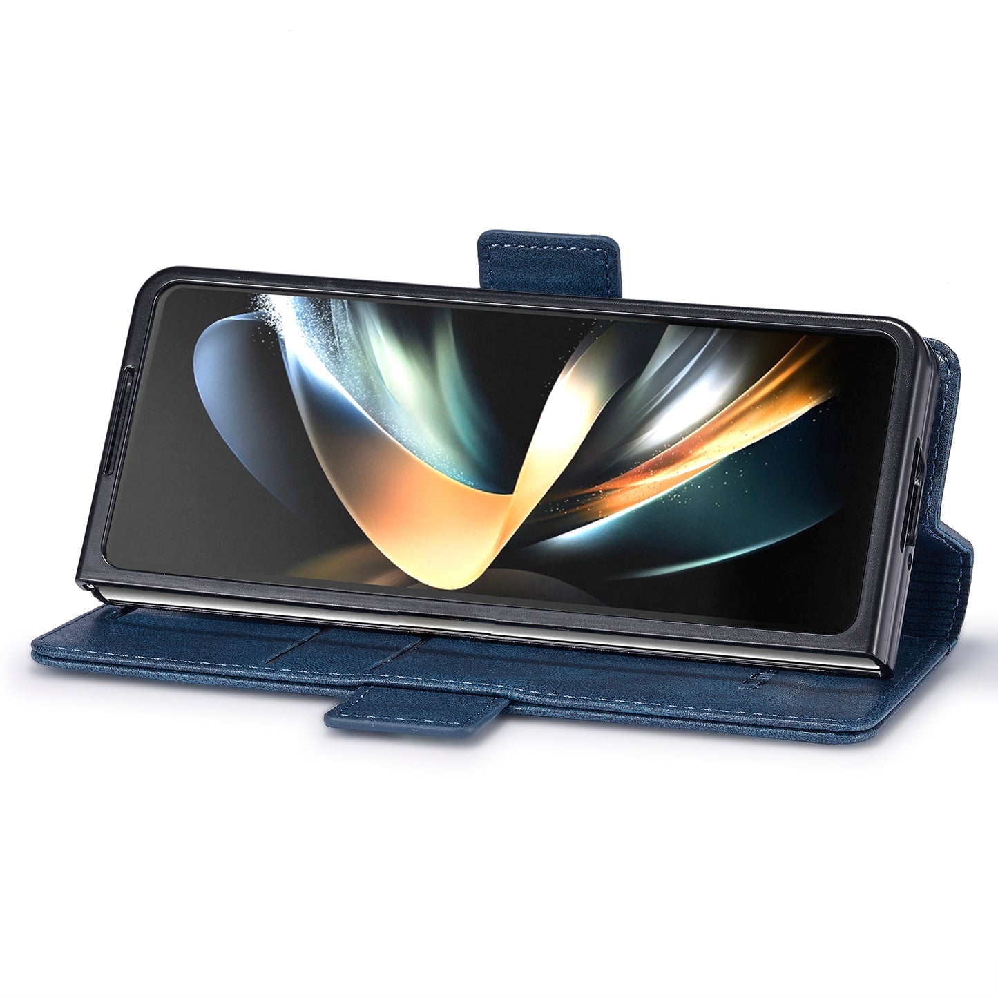 Uniqkart For Samsung Galaxy Z Fold5 5G RFID Blocking Phone Case Wallet PU Leather Stand Cover - Blue