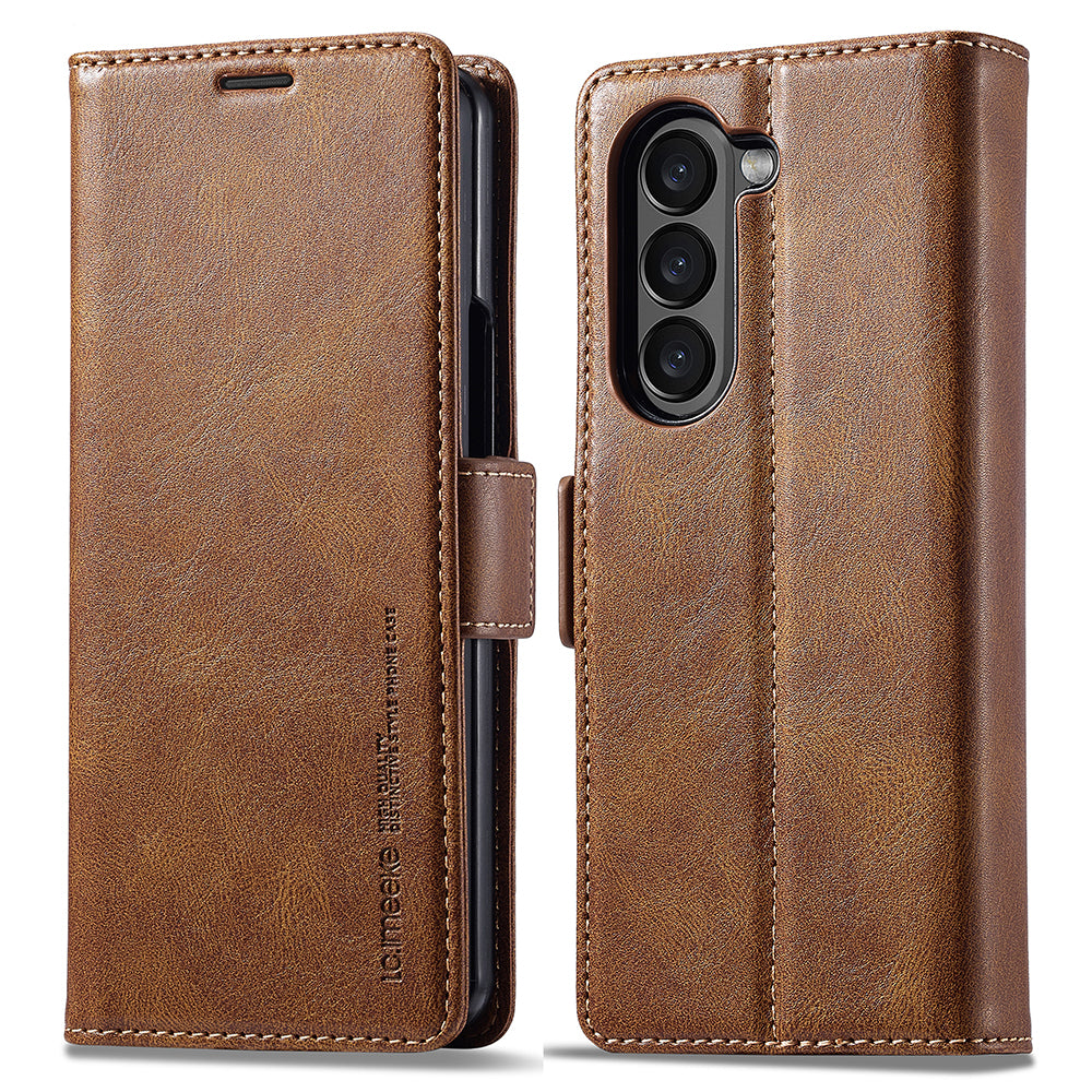 Uniqkart For Samsung Galaxy Z Fold5 5G RFID Blocking Phone Case Wallet PU Leather Stand Cover - Brown