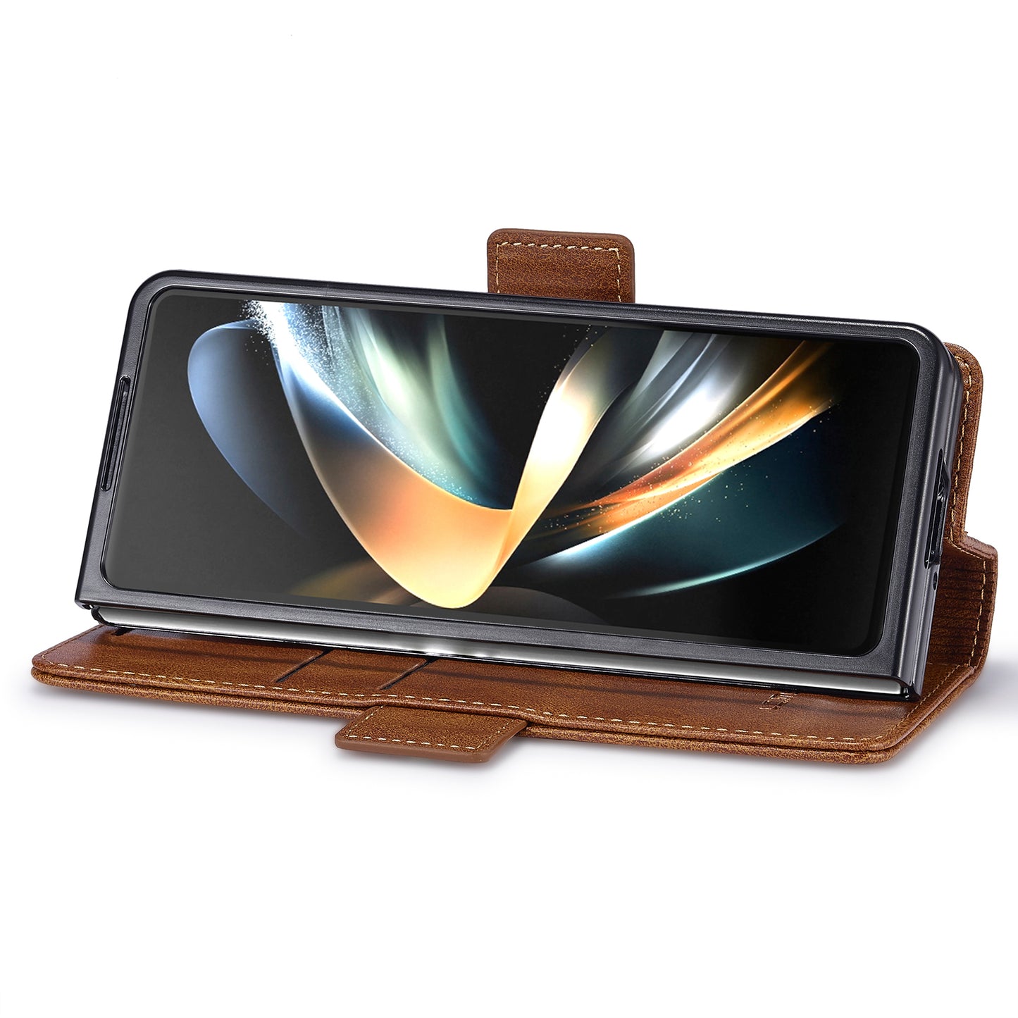 Uniqkart For Samsung Galaxy Z Fold5 5G RFID Blocking Phone Case Wallet PU Leather Stand Cover - Brown