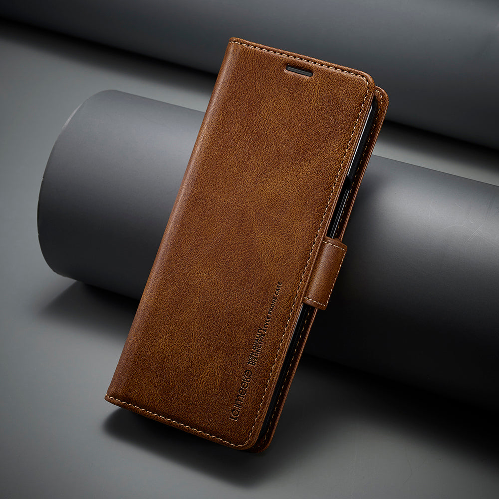 Uniqkart For Samsung Galaxy Z Fold5 5G RFID Blocking Phone Case Wallet PU Leather Stand Cover - Brown