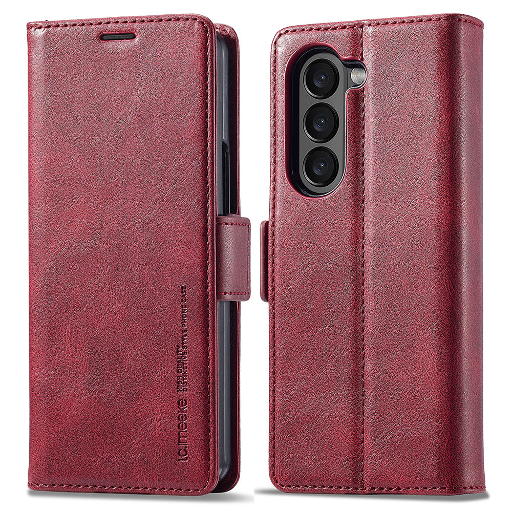 Uniqkart For Samsung Galaxy Z Fold5 5G RFID Blocking Phone Case Wallet PU Leather Stand Cover - Red