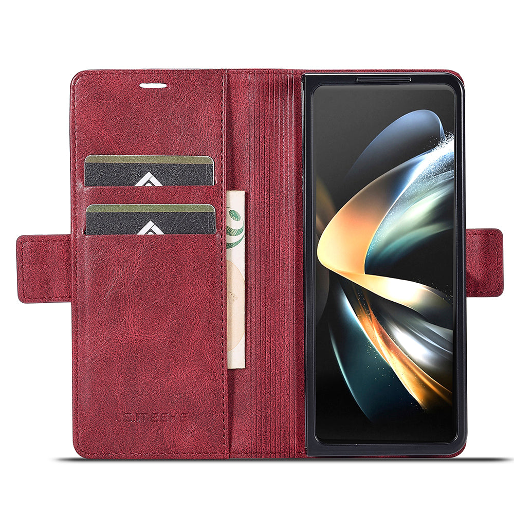 Uniqkart For Samsung Galaxy Z Fold5 5G RFID Blocking Phone Case Wallet PU Leather Stand Cover - Red