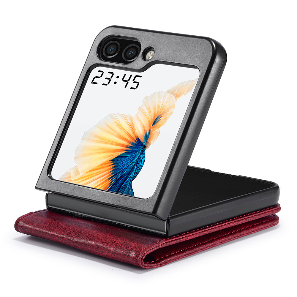 Uniqkart For Samsung Galaxy Z Flip5 5G PU Leather Phone Cover RFID Blocking Card Slot Case - Red