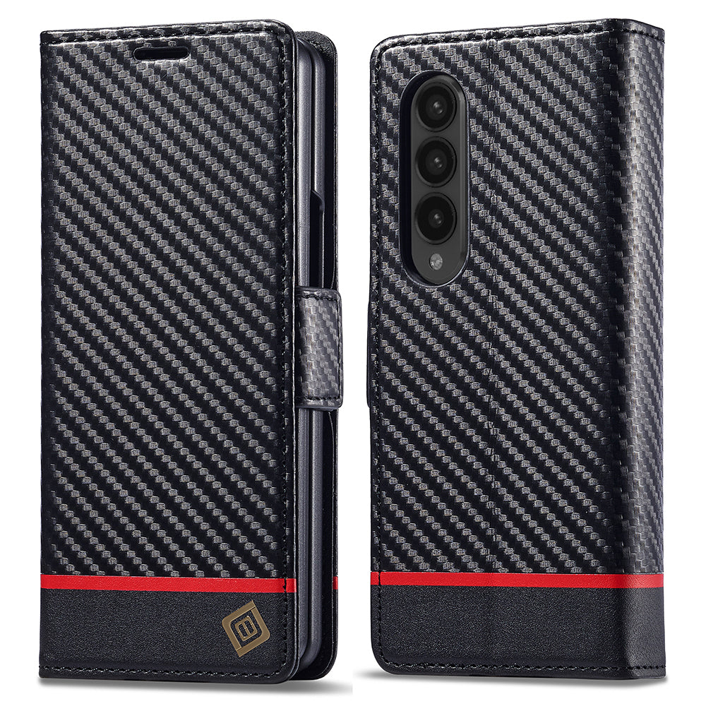 Uniqkart For Samsung Galaxy Z Fold4 5G Leather Wallet Case Stand Carbon Fiber Texture Phone Cover - Horizontal Stripe