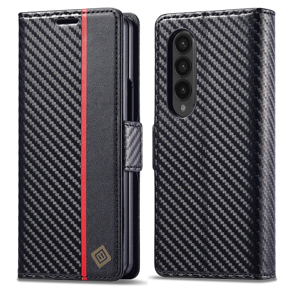Uniqkart For Samsung Galaxy Z Fold4 5G Leather Wallet Case Stand Carbon Fiber Texture Phone Cover - Vertical Stripe