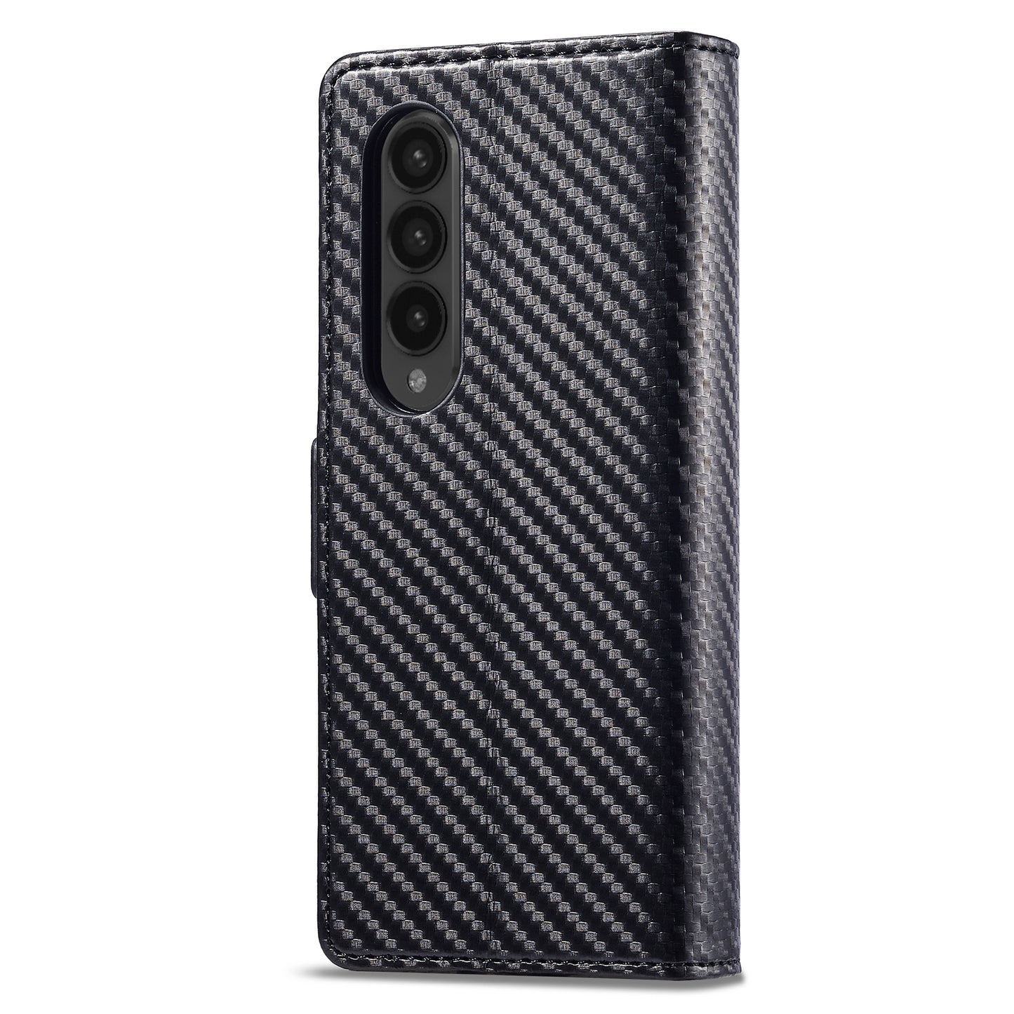 Uniqkart For Samsung Galaxy Z Fold4 5G Leather Wallet Case Stand Carbon Fiber Texture Phone Cover - Vertical Stripe