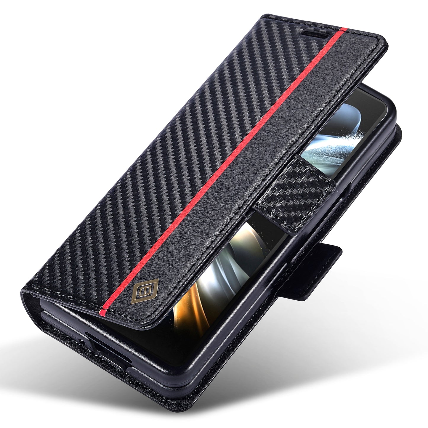 Uniqkart For Samsung Galaxy Z Fold3 5G Carbon Fiber Texture Phone Leather Case Wallet Stand Cover - Vertical Stripe