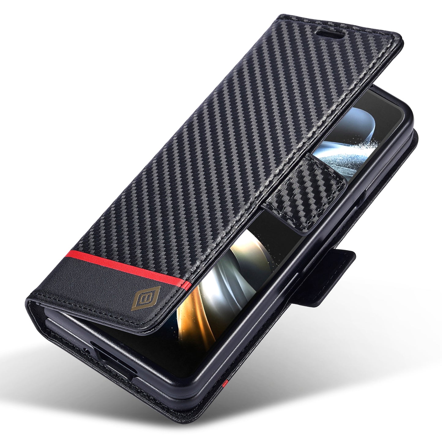 Uniqkart For Samsung Galaxy Z Fold3 5G Carbon Fiber Texture Phone Leather Case Wallet Stand Cover - Horizontal Stripe