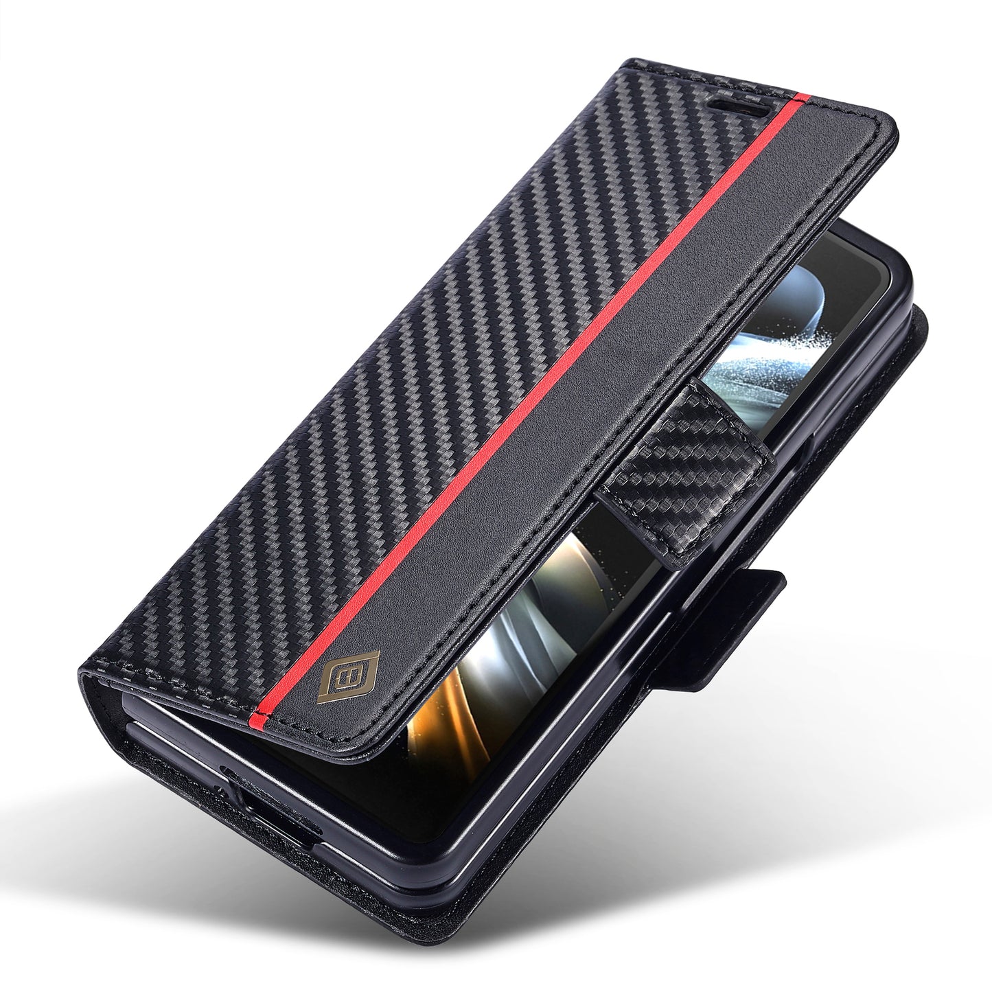 Uniqkart For Samsung Galaxy Z Fold5 5G Phone Leather Cover Carbon Fiber Texture Stand Wallet Case - Vertical Stripe
