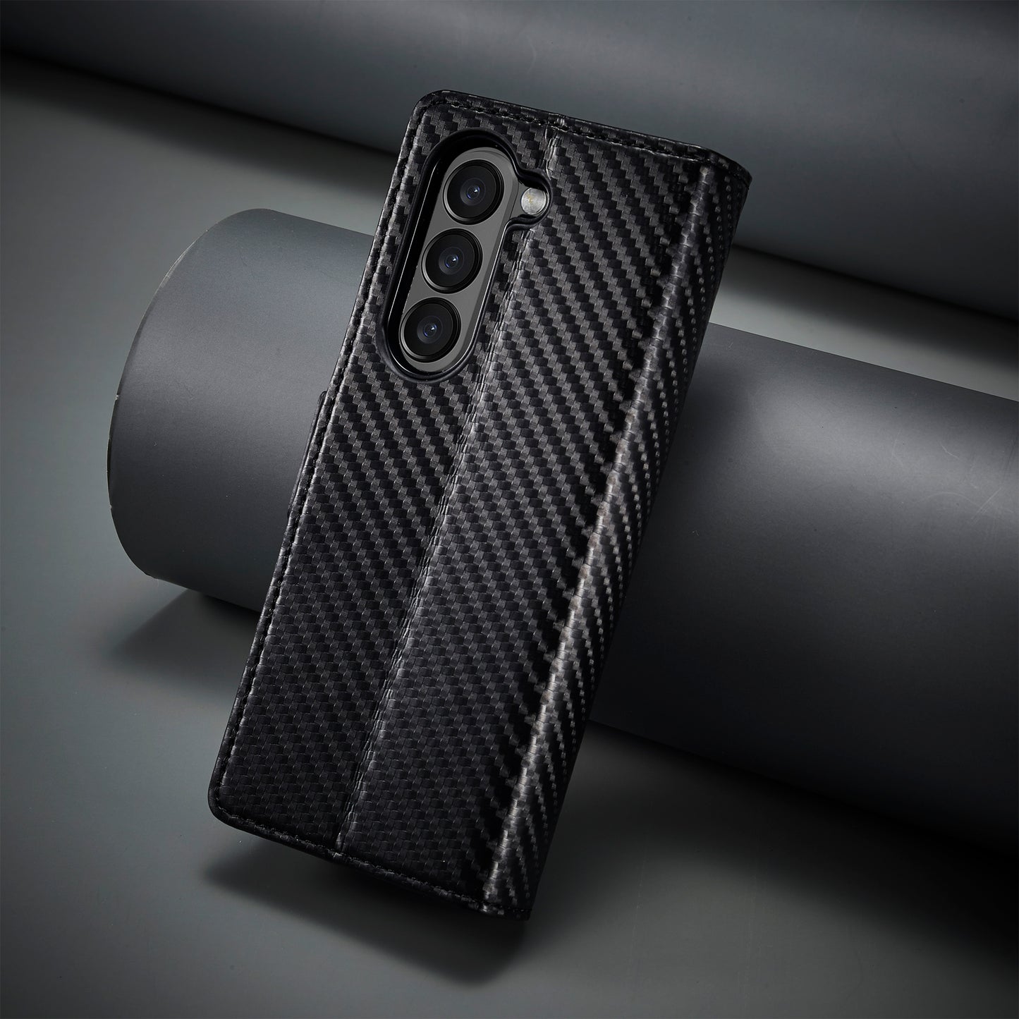 Uniqkart For Samsung Galaxy Z Fold5 5G Phone Leather Cover Carbon Fiber Texture Stand Wallet Case - Vertical Stripe