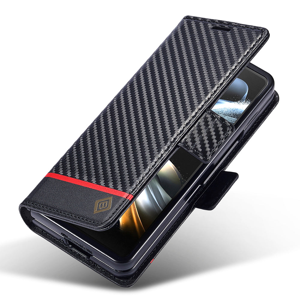 Uniqkart For Samsung Galaxy Z Fold5 5G Phone Leather
Cover Carbon Fiber Texture Stand Wallet Case - Horizontal Stripe