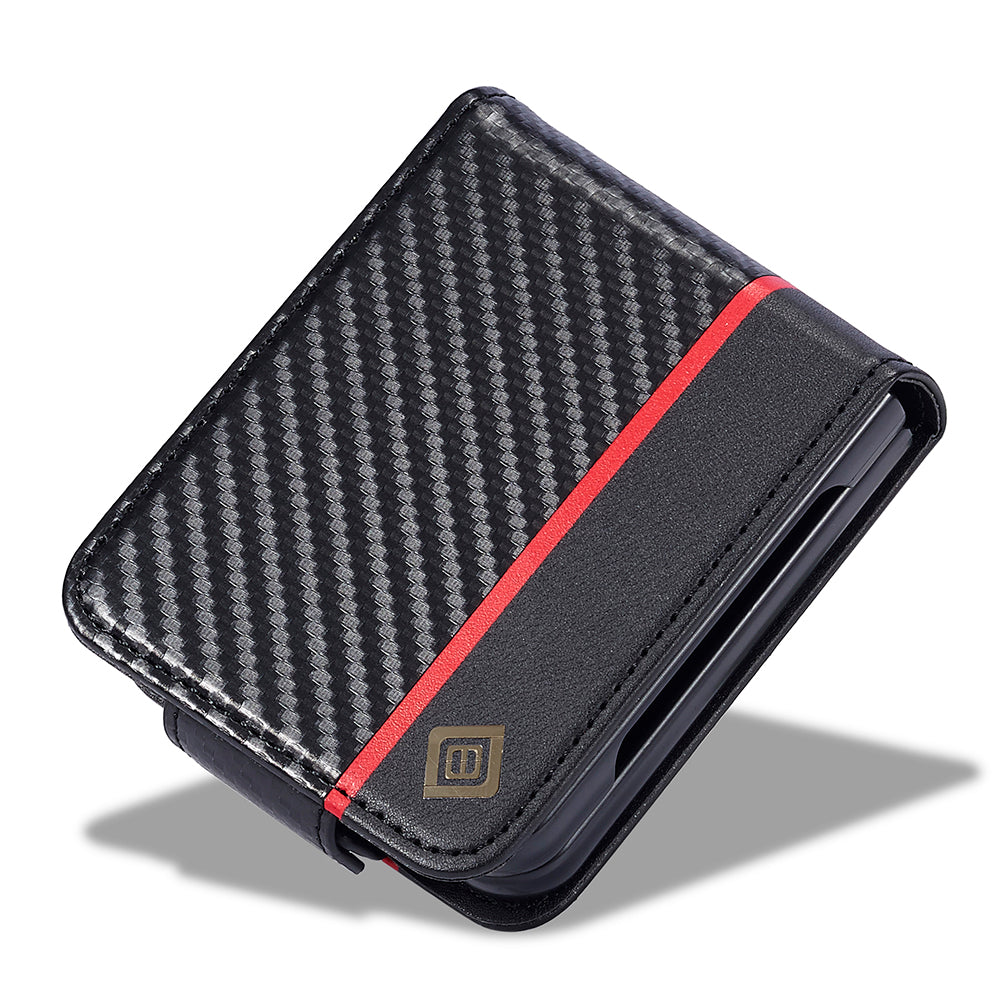 Uniqkart For Samsung Galaxy Z Flip5 5G Card Holder Phone Case Carbon Fiber Texture Leather Phone Cover - Horizontal Stripe