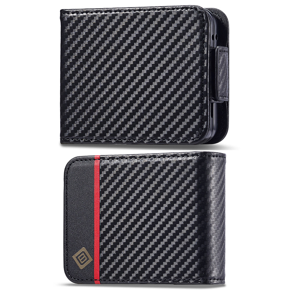 Uniqkart For Samsung Galaxy Z Flip5 5G Card Holder Phone Case Carbon Fiber Texture Leather Phone Cover - Vertical Stripe