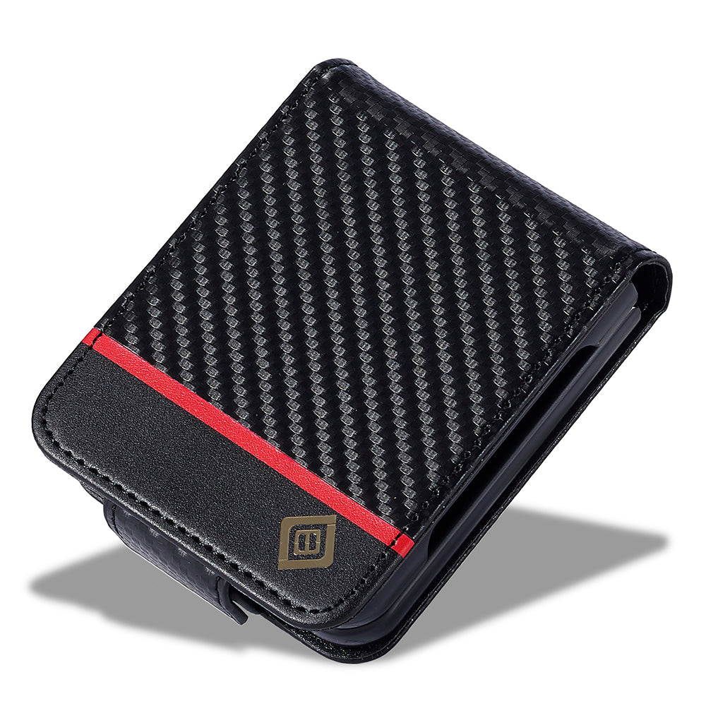 Uniqkart For Samsung Galaxy Z Flip5 5G Card Holder Phone Case Carbon Fiber Texture Leather Phone Cover - Vertical Stripe