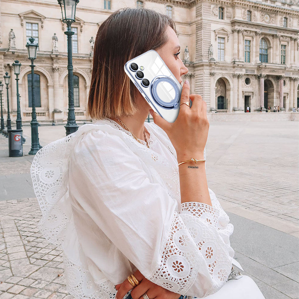 Phone Case for Samsung Galaxy A54 5G PC+TPU Rotation Kickstand Cover Compatible with MagSafe - Silver