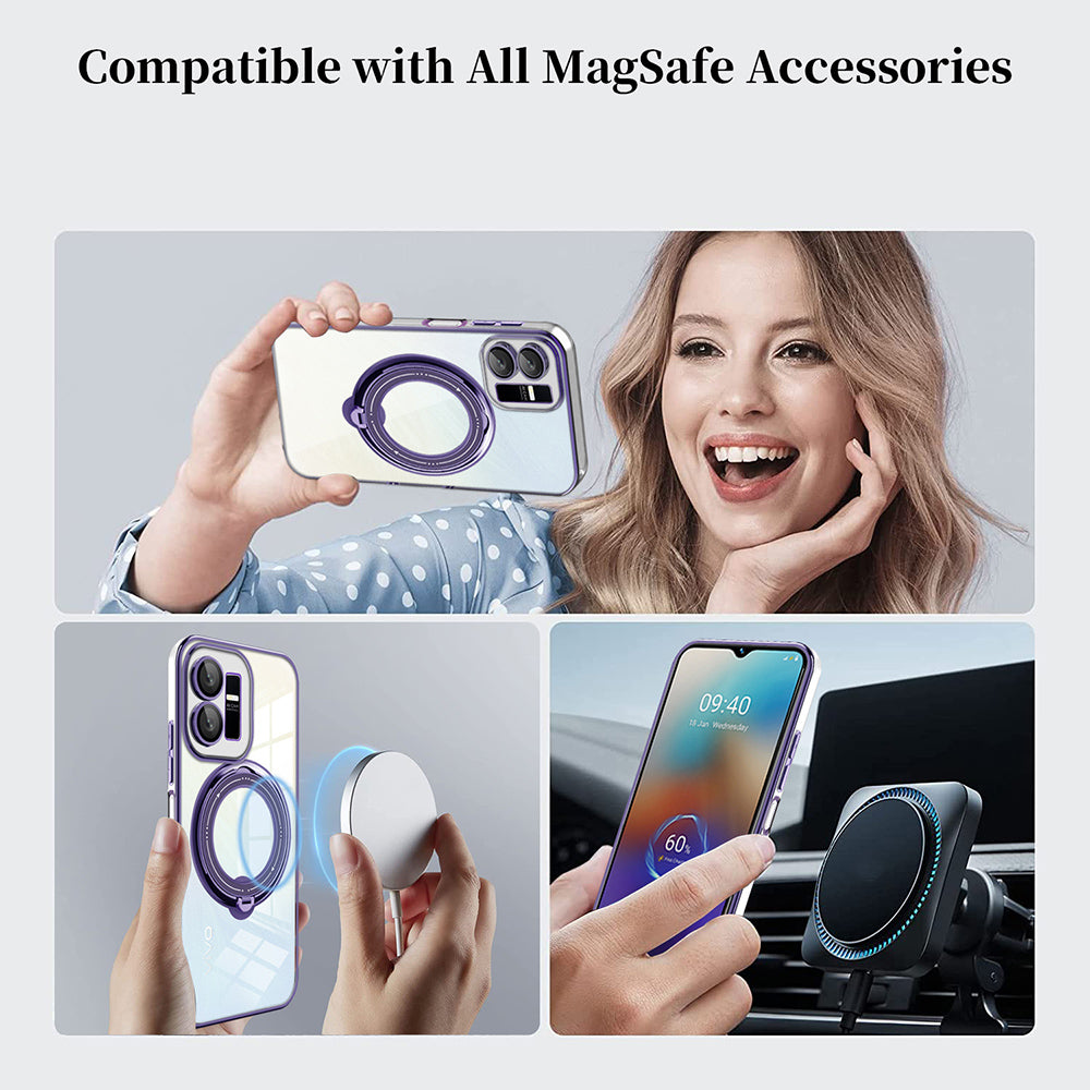 Uniqkart for vivo Y22s 4G / Y35 4G (2022) Ring Kickstand Phone Case Drop Proof PC+TPU Cover Compatible with MagSafe - Pink