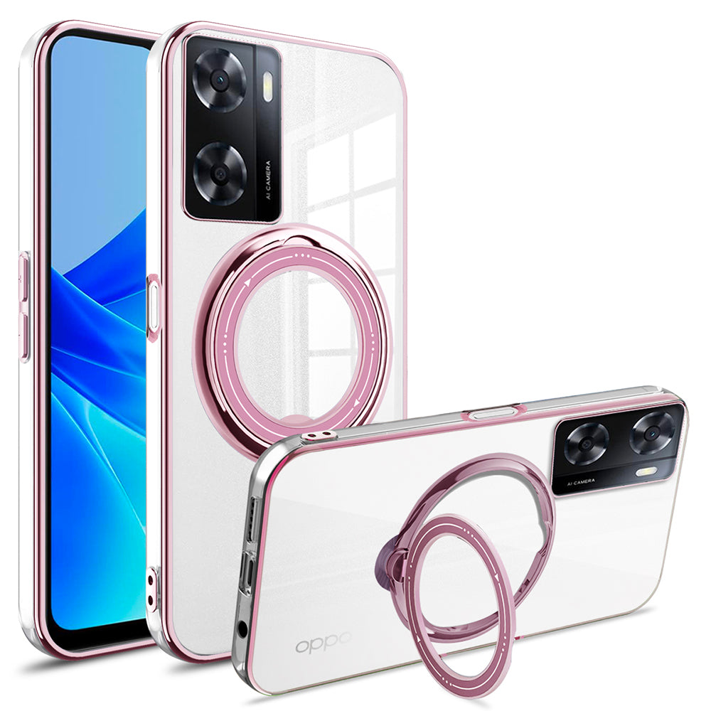 Anti-drop Phone Case for Oppo A57 (2022) 5G PC+TPU Ring Kickstand Cover Compatible with MagSafe - Pink