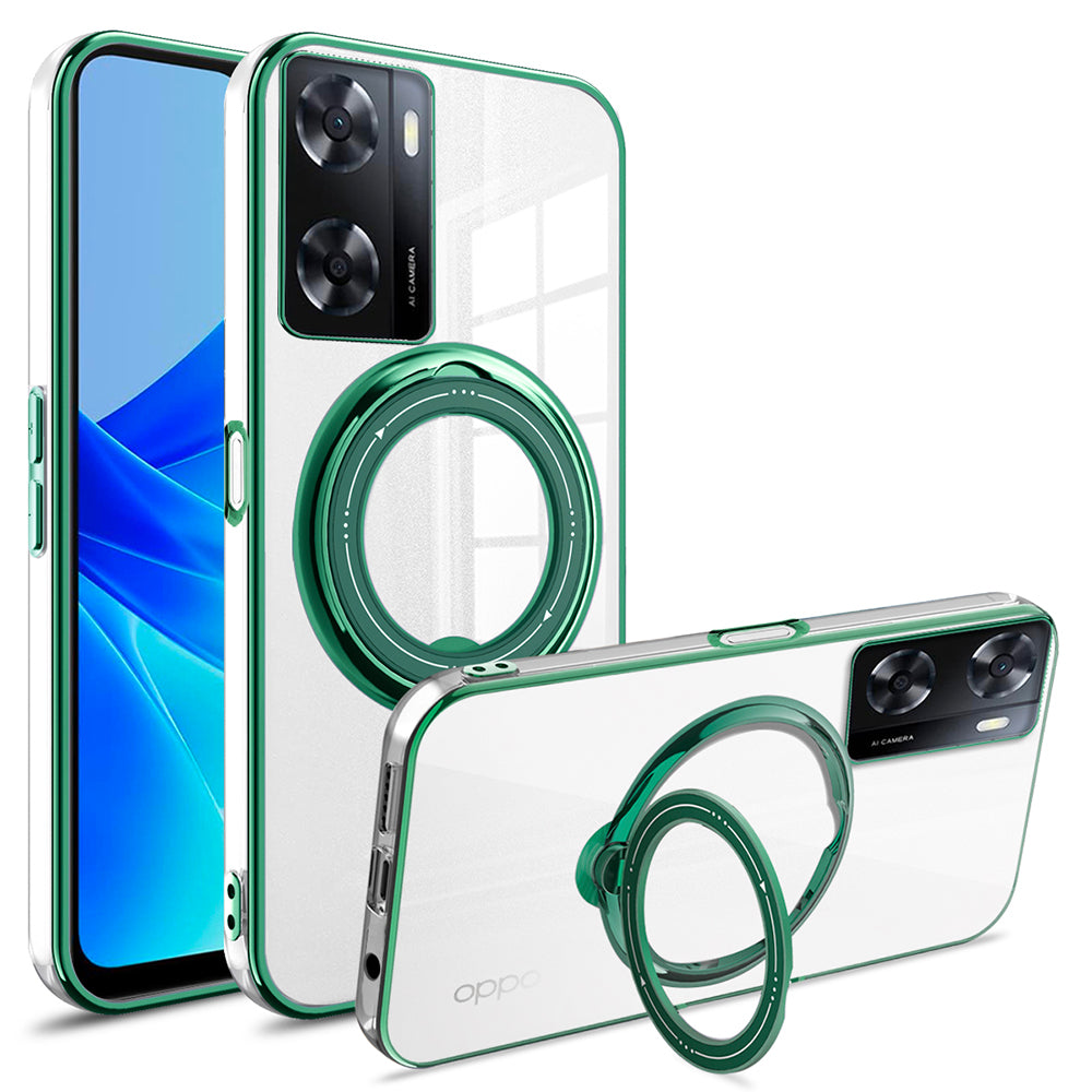 Anti-drop Phone Case for Oppo A57 (2022) 5G PC+TPU Ring Kickstand Cover Compatible with MagSafe - Green