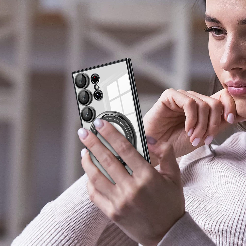 Rotating Kickstand Case for Samsung Galaxy S22 Ultra 5G PC+TPU Phone Cover Compatible with MagSafe - Silver