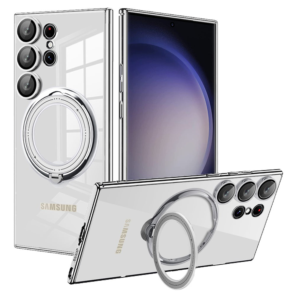 Phone Case for Samsung Galaxy S23 Ultra PC+TPU Cover Rotation Kickstand Phone Shell Compatible with MagSafe - Silver