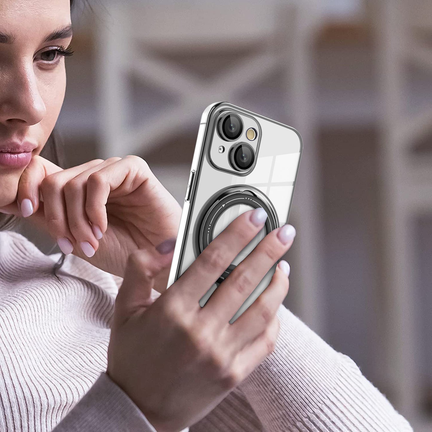 PC+TPU Phone Case for iPhone 12 Pro 6.1 inch Rotating Kickstand Phone Cover Shockproof Case Compatible with MagSafe - Silver