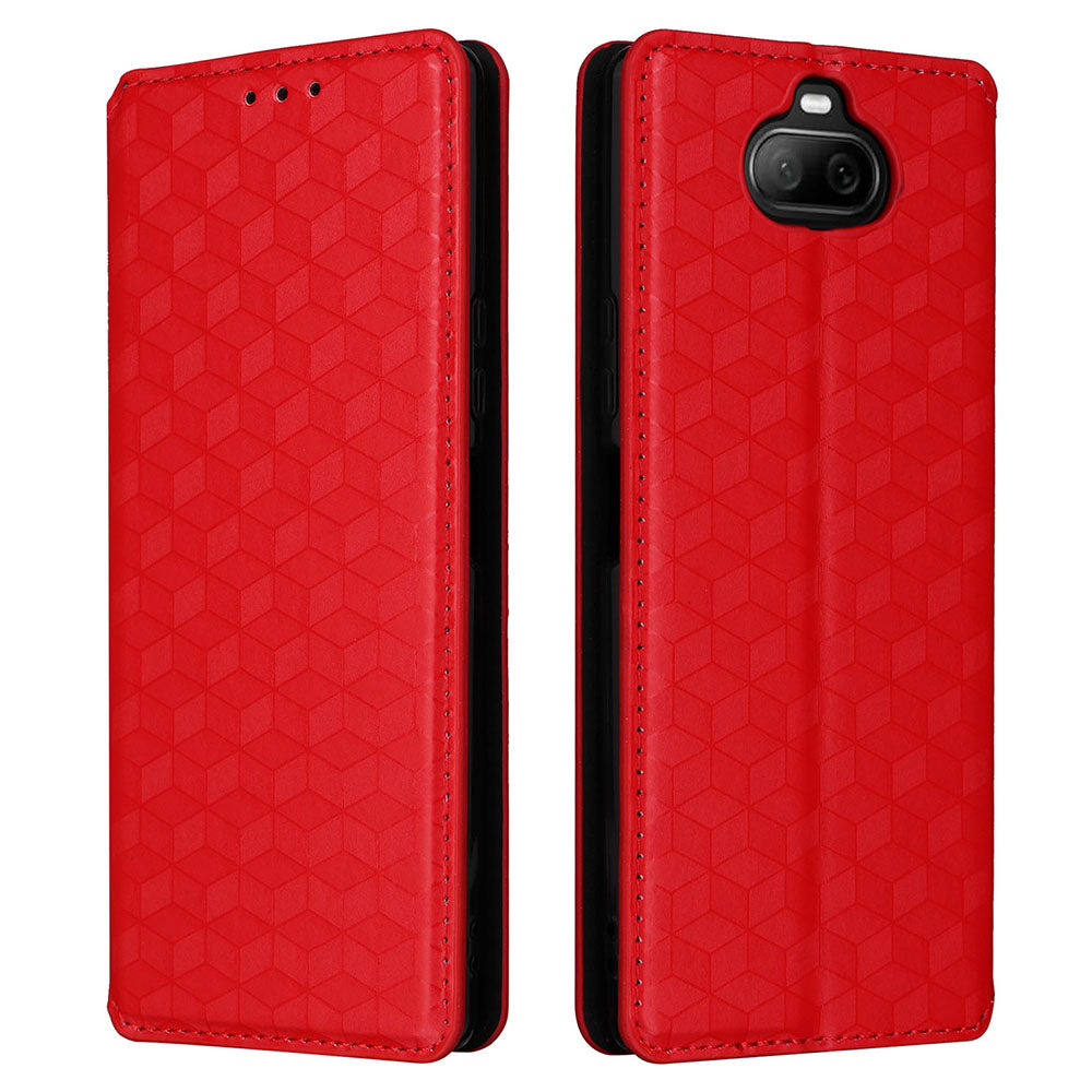 Rhombus Imprinted Cover for Sony Xperia 8 Flip Stand PU Leather Wallet Phone Case - Red