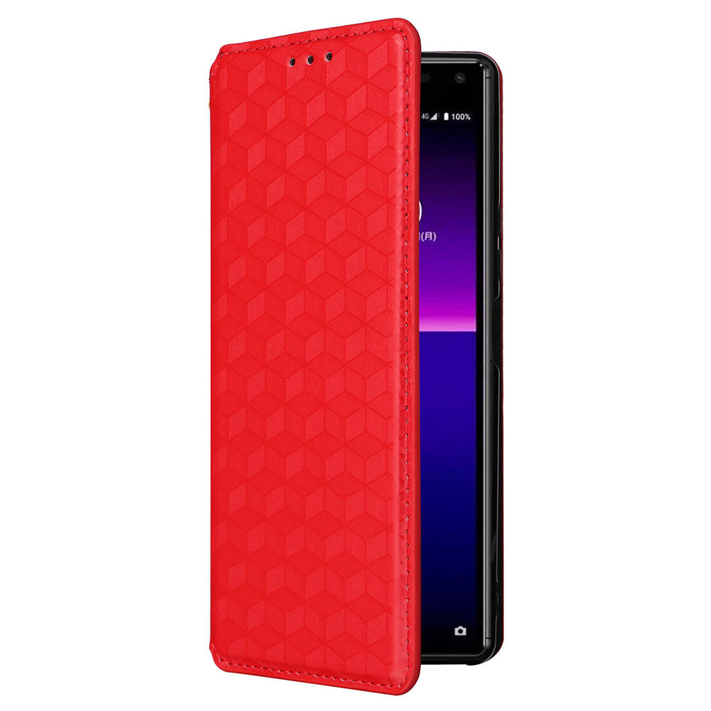 Rhombus Imprinted Cover for Sony Xperia 8 Flip Stand PU Leather Wallet Phone Case - Red