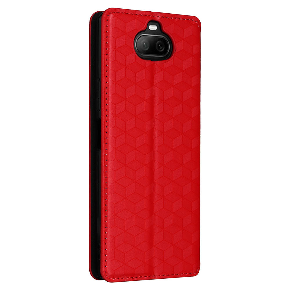 Rhombus Imprinted Cover for Sony Xperia 8 Flip Stand PU Leather Wallet Phone Case - Red