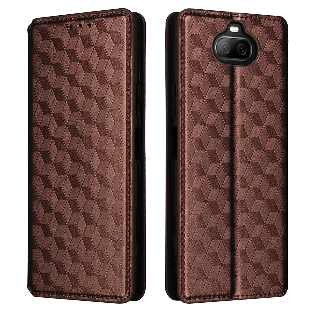Rhombus Imprinted Cover for Sony Xperia 8 Flip Stand PU Leather Wallet Phone Case - Brown