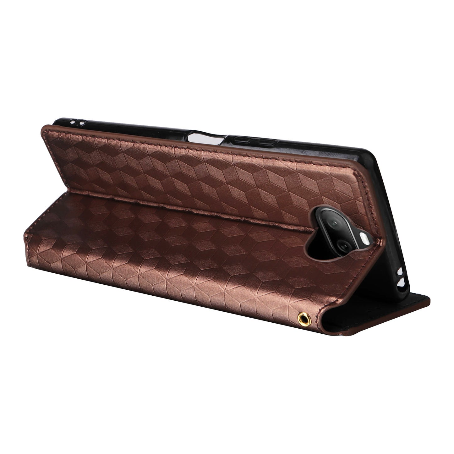 Rhombus Imprinted Cover for Sony Xperia 8 Flip Stand PU Leather Wallet Phone Case - Brown
