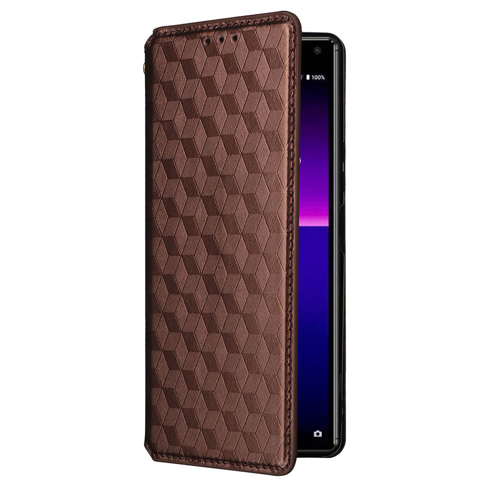 Rhombus Imprinted Cover for Sony Xperia 8 Flip Stand PU Leather Wallet Phone Case - Brown