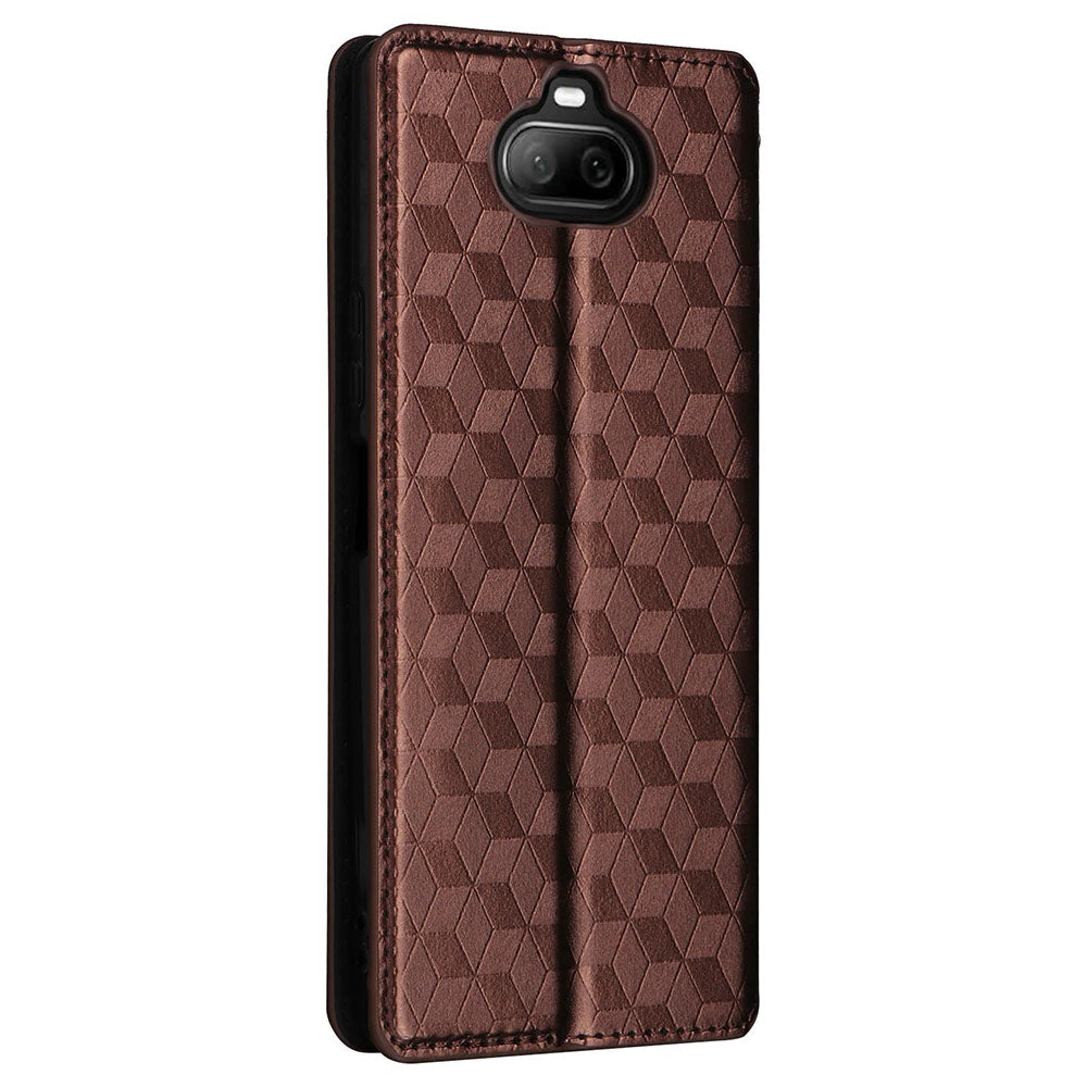 Rhombus Imprinted Cover for Sony Xperia 8 Flip Stand PU Leather Wallet Phone Case - Brown