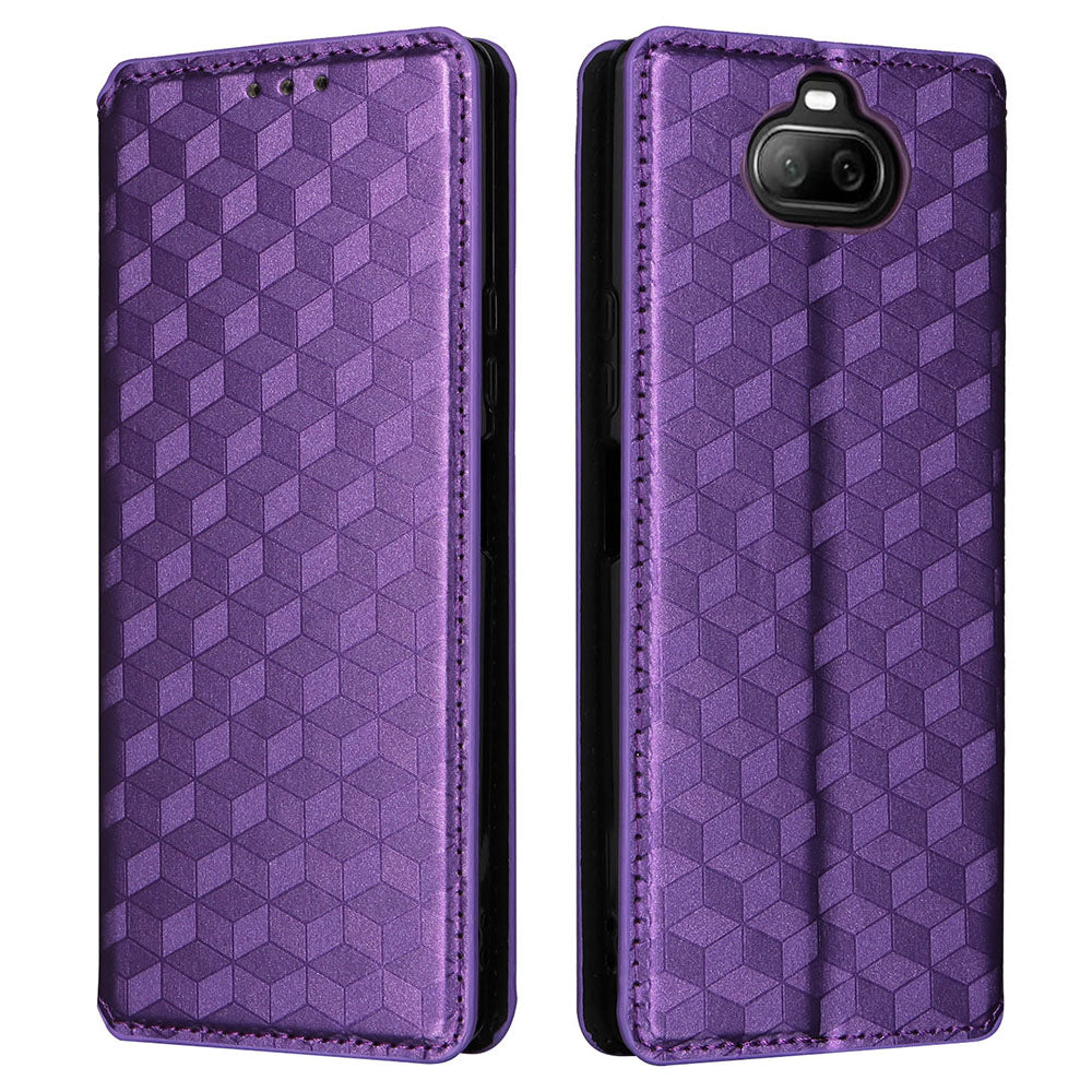 Rhombus Imprinted Cover for Sony Xperia 8 Flip Stand PU Leather Wallet Phone Case - Purple